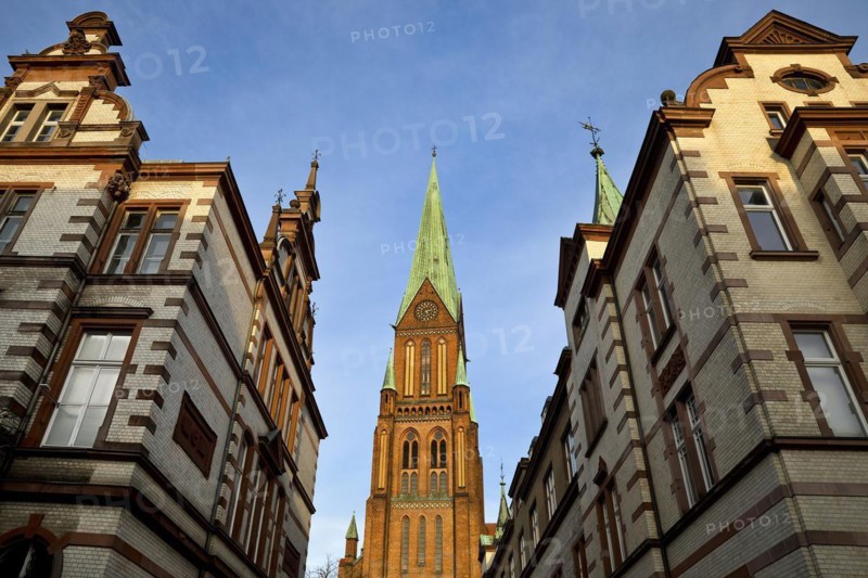 View of Schwerin Cathedral St. Marien and St. Johannis from an old town alley