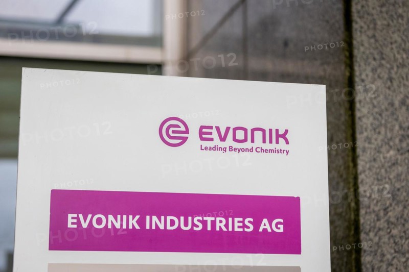 A sign of the evonik company at their headquarters in Essen