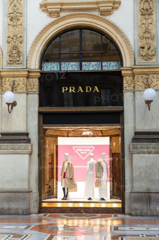Shop window of the luxury shop PRADA in the Galleria Vittorio Emanuele II