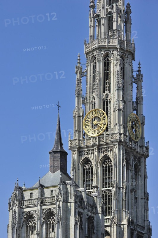 Tower of the Gothic Roman Catholic Cathedral of Our Lady in Antwerp showing flying buttresses and flamboyant tracery