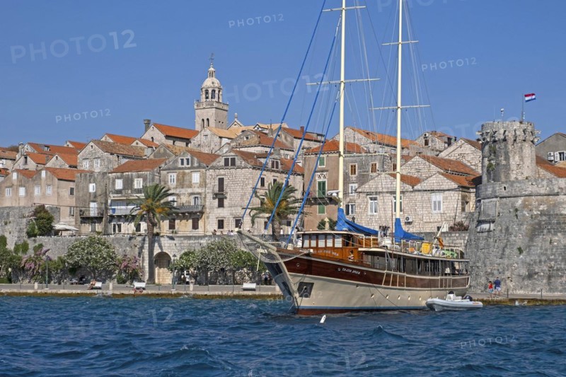Sailing yacht Tajna Mora moored in the Old Town along the Adriatic Sea on the island Kor? ula