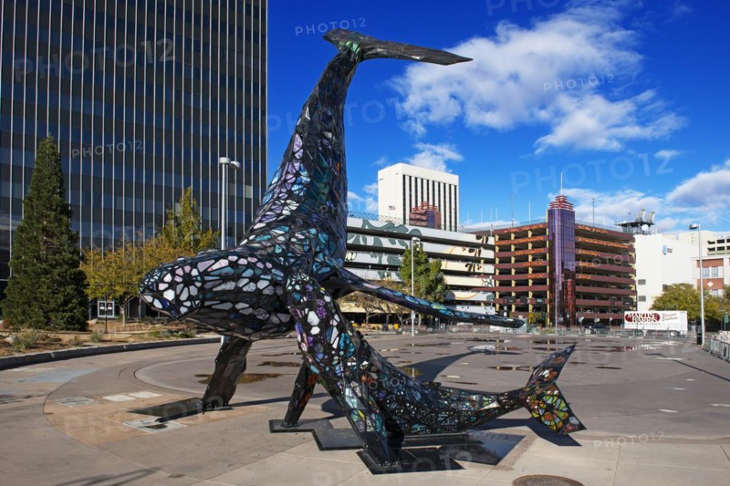 Space Whales artwork in front of City Hall