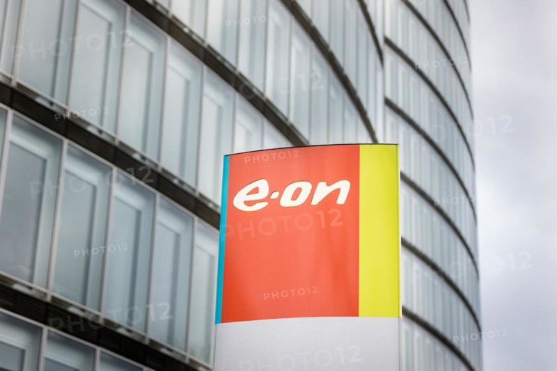 A sign of the company e.on in front of their headquarters in Essen