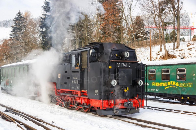 Fichtelbergbahn Railway steam train in winter in Oberwiesenthal