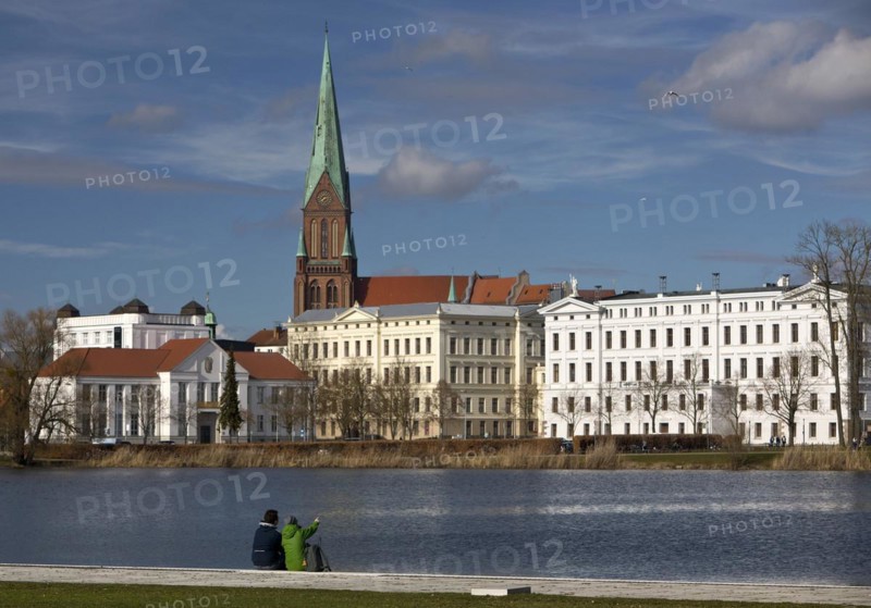 View of Schwerin Cathedral St. Marien and St. Johannis from the Floating Meadow