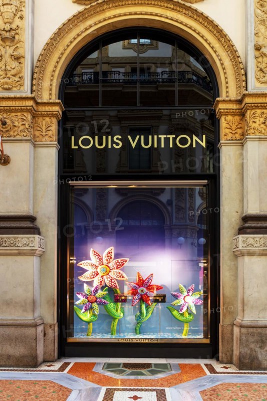 Shop window of the luxury shop LOUIS VUITTON at Galleria Vittorio Emanuele II