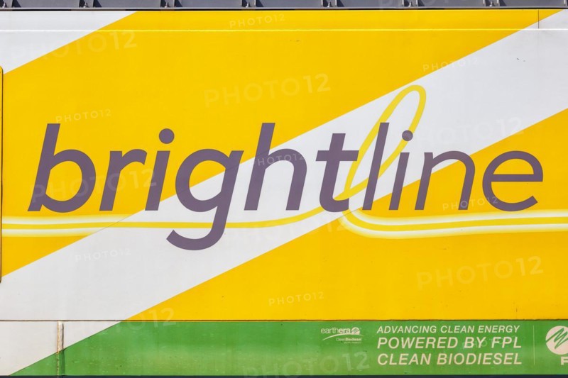 Logo on a train of the private railway Brightline Schnellzug Bahn at West Palm Beach station