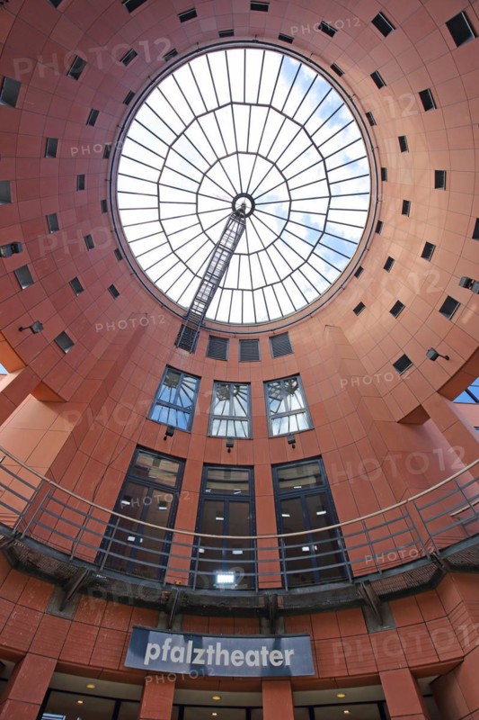 View up to the glass window in the vestibule of the modern Pfalztheater