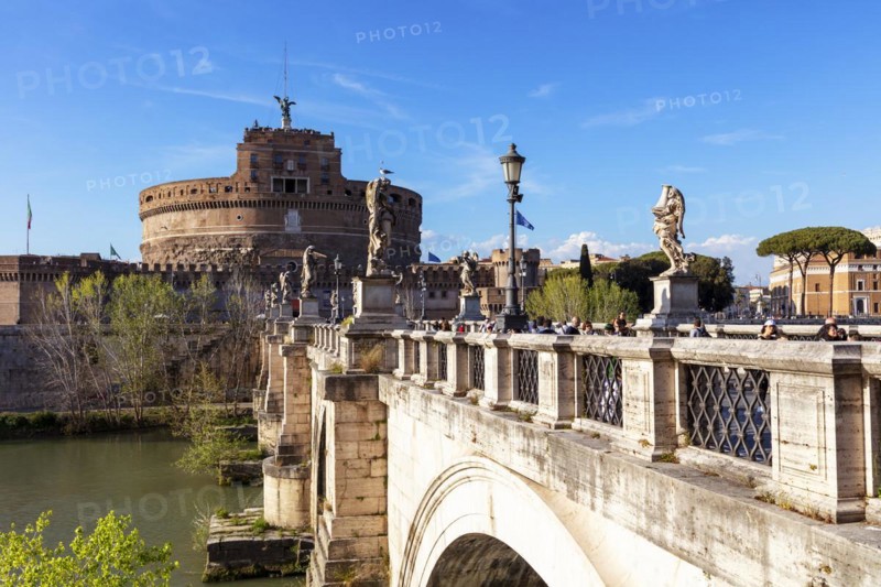 Tourists on Castel Sant'Angelo and Aelius Bridge over the Tiber