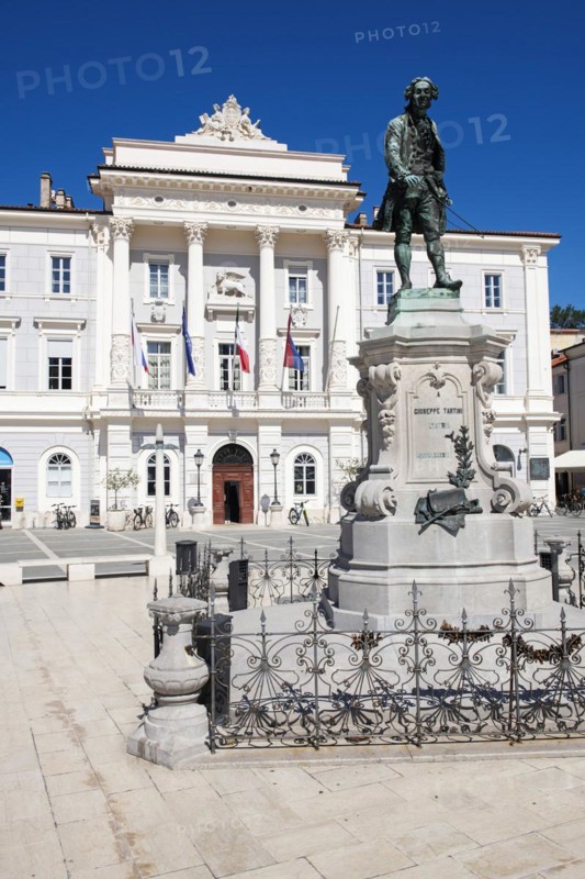 Guiseppe Tartini Square with monument in front of the Town Hall