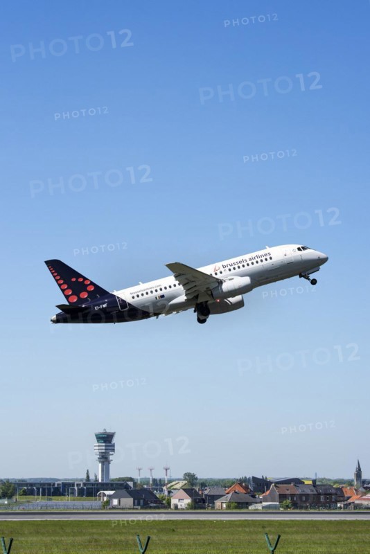 Sukhoi Superjet 100-95B from Brussels Airlines taking off from runway at the Brussels-National airport