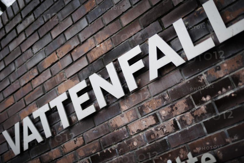 The lettering of the Vattenfall company at their site in Berlin. 04.02.2022.