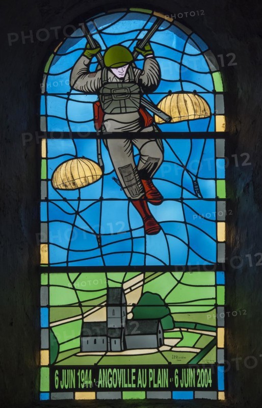 Stained glass window dedicated to the 101st Airborne paratroopers in the church at Angoville-au-Plain