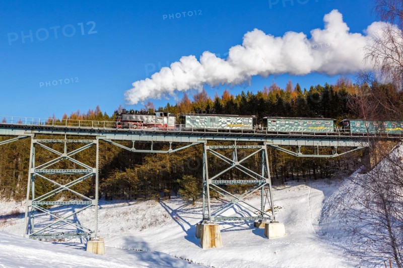 Steam train of the Fichtelbergbahn railway Steam locomotive on a bridge in winter in Oberwiesenthal