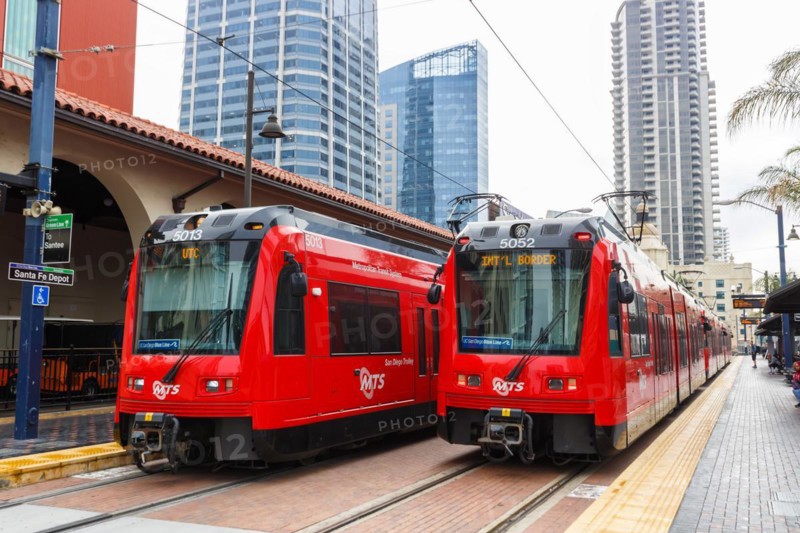 San Diego Trolley Tram light rail transit at Santa Fe Depot station in San Diego