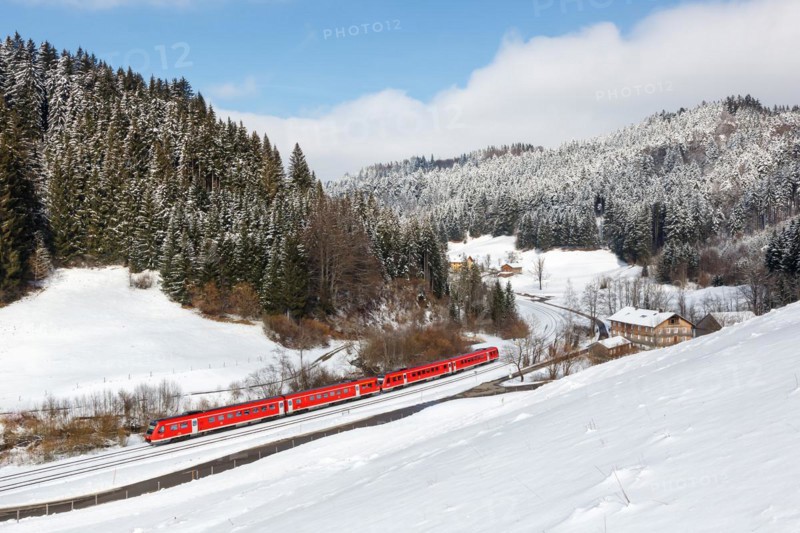 Regional train of Deutsche Bahn DB Bombardier Transportation RegioSwinger tilting technology in Allgaeu Bavaria in Oberstaufen