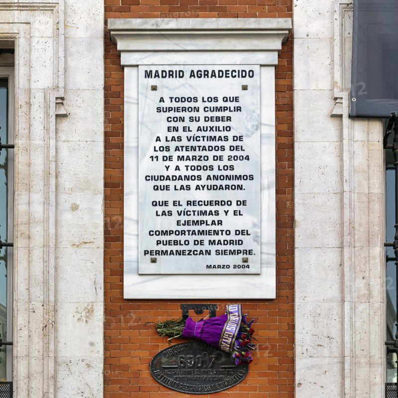 Facade detail with memorial plaque for the victims of the 2004 terrorist attacks