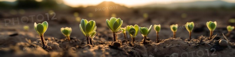 Row of budding sprouts out of moist soil