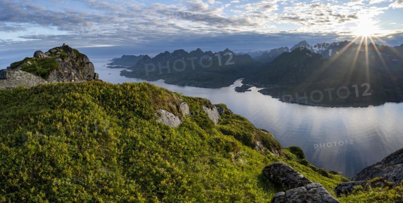 View of Fjord Raftsund and mountains in the evening light