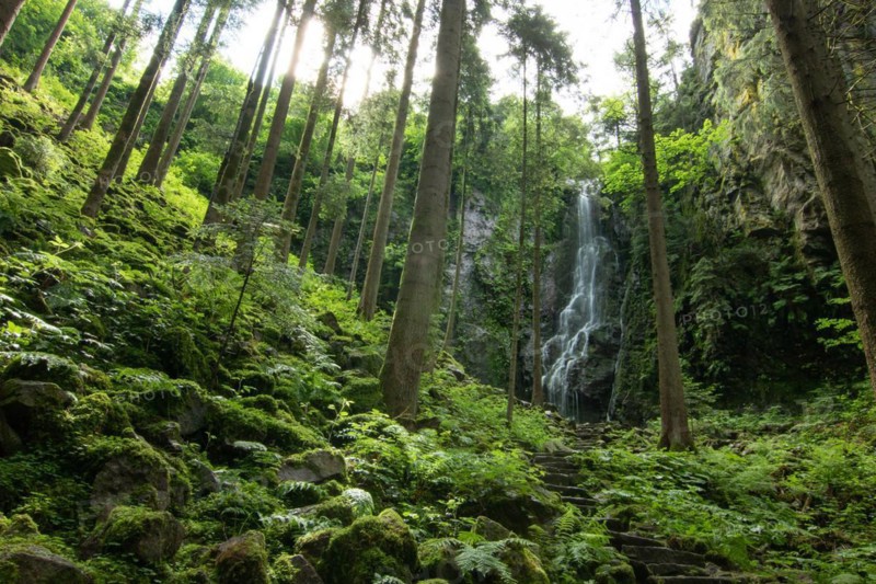 Landscape shot of the Burgbach waterfall