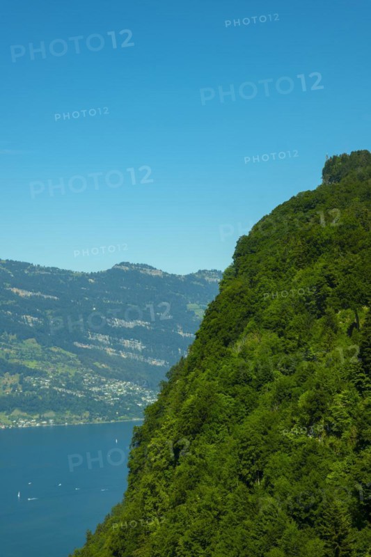 Aerial View over Lake Lucerne and Mountain Peak with an Elevator in a Sunny Day in Burgenstock