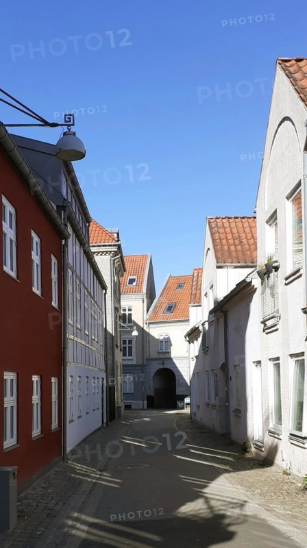 Morning shot of colored houses on a alley in the small town of Aalborg