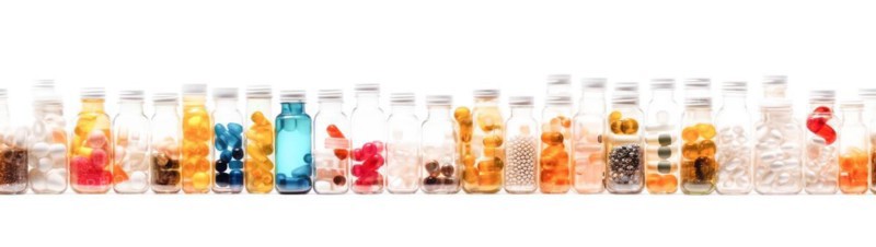 Seamless tileable rows of medicine and drug bottles with pills on a white background