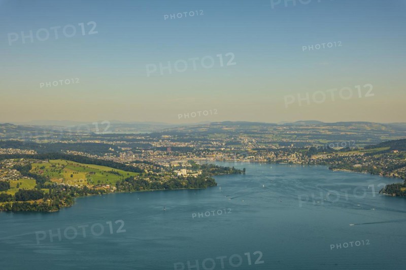 Aerial View over Lake Lucerne and City of Lucerne and Mountain in Burgenstock