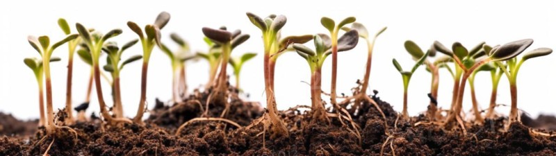 Seamless tileable cross section row of budding sprouts of new growth out of soil on a white background