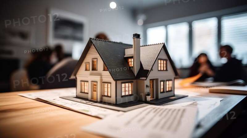 Small model house resting on real estate documents as buyers discuss their agreement