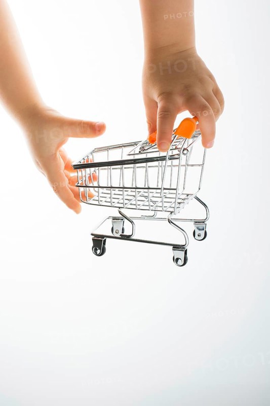 Shopping cart in the hand on white background