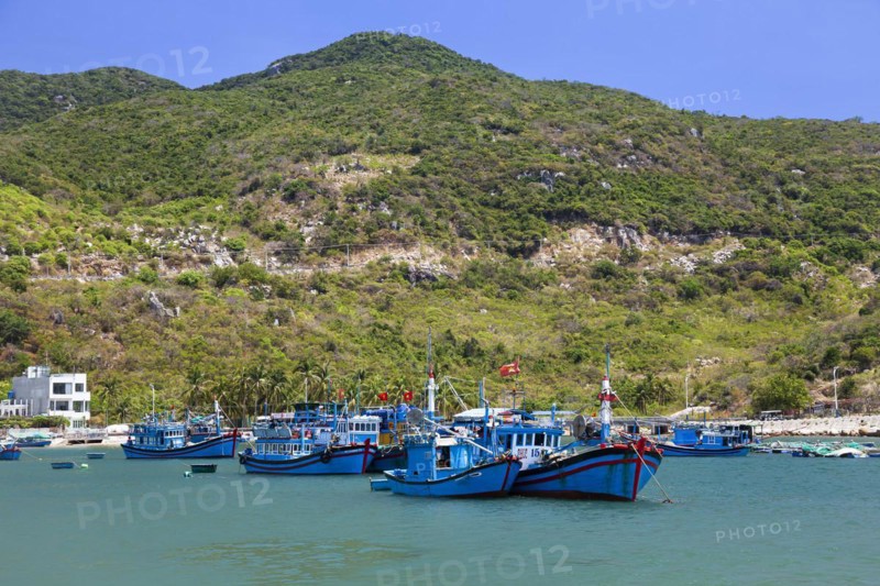 Coastal landscape with fishing boats