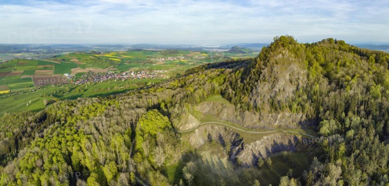 Aerial panorama of the former basalt quarry at the Hegau volcano Hohenstoffeln