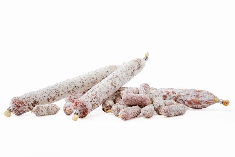 Assortment of fermented sausage covered with white mold