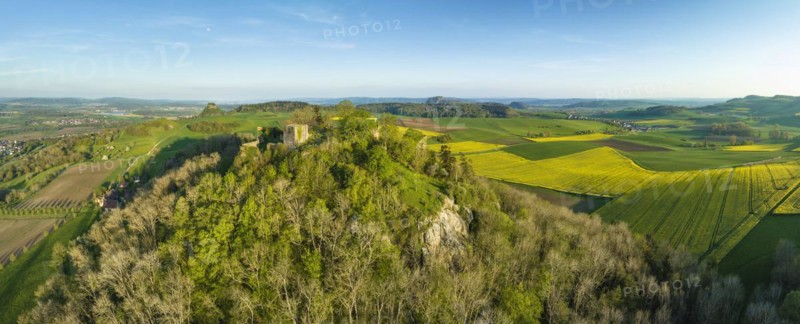 Aerial panorama of the Hegau volcano and the ruins of Maegdeberg Castle