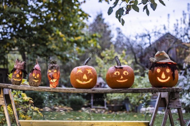 Carved pumpkins and turnip ghosts