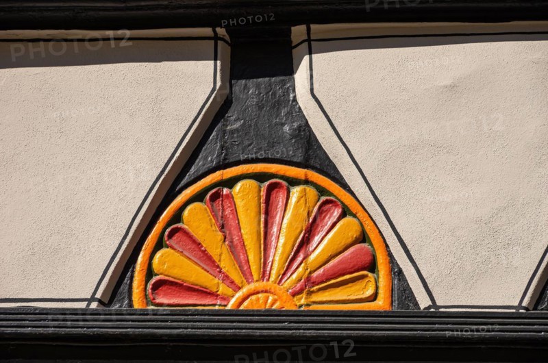 Fan rosettes on historic half-timbered architecture in the town centre of Bad Frankenhausen