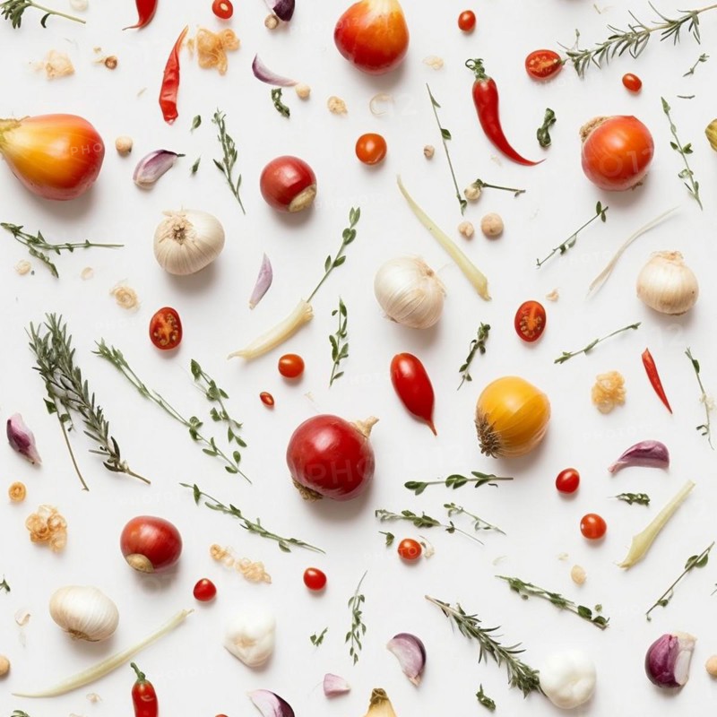 Truly seamless tile of overhead photograph of A variety of vegetables and spices