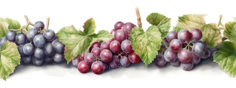 Seamless tileable watercolor row of fresh grapes on the vine on a white background