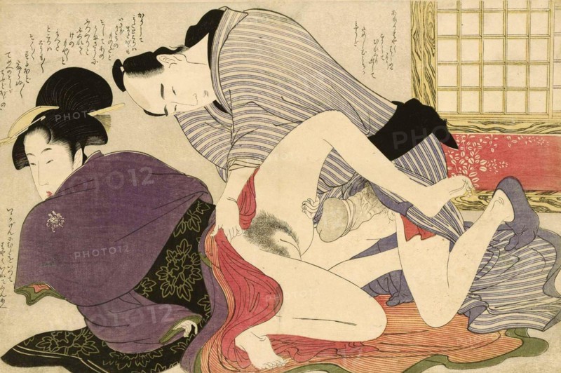 Geisha and lover on a free-standing screen