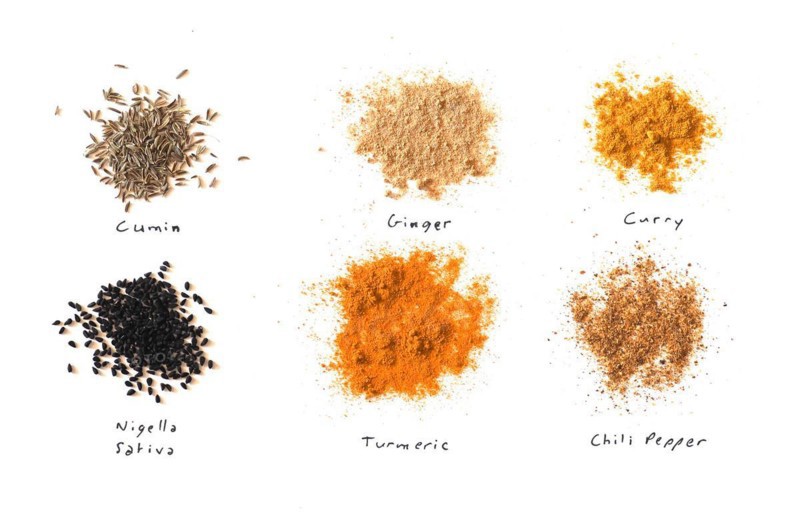 Many spices including Ginger Curry Turmeric Chili pepper Black cumin