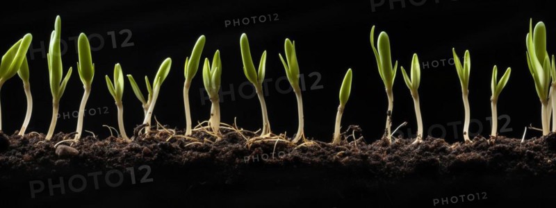 Seamless tileable cross section row of budding sprouts of new growth out of soil on a black background