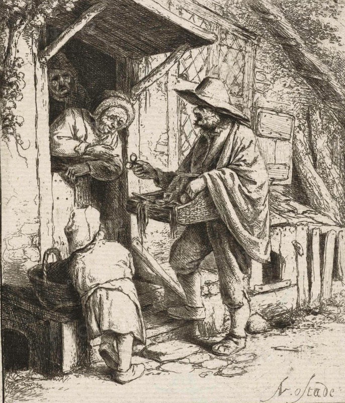 Mobile spectacle seller and an old woman as customer