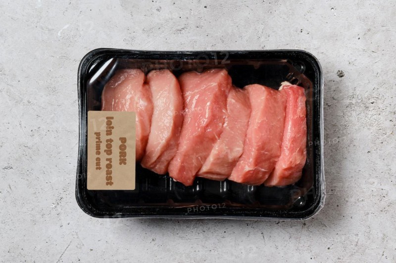 Top view of pork loin top roast in vacuum packaging