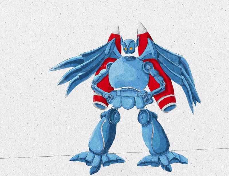 Grunge textured paper illustration of a cartoon robot with wings and jetpacks