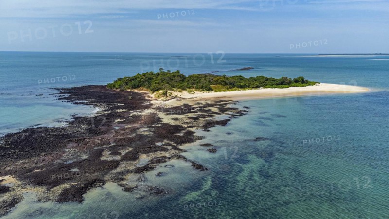 Aerial of a little islet in the Marinho Joao Vieira e Poilao National Park