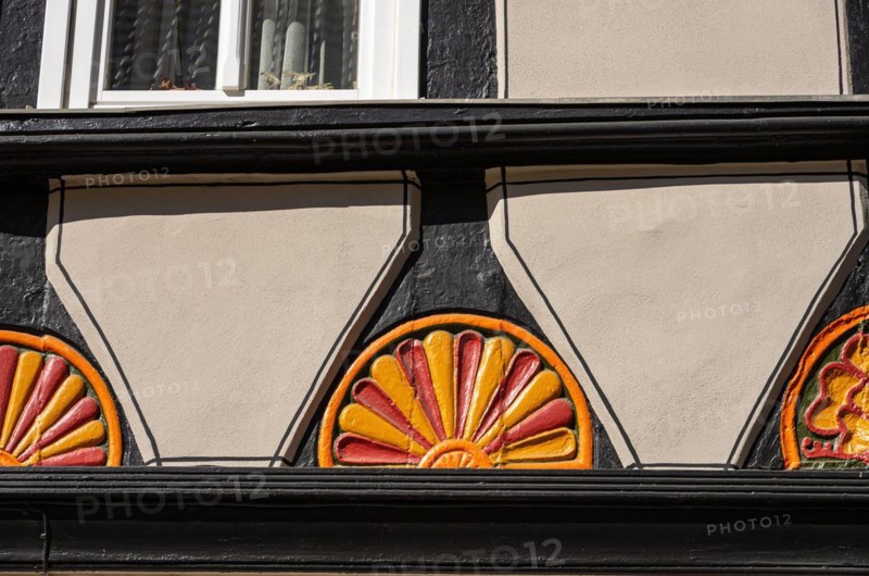 Fan rosettes on historic half-timbered architecture in the town centre of Bad Frankenhausen