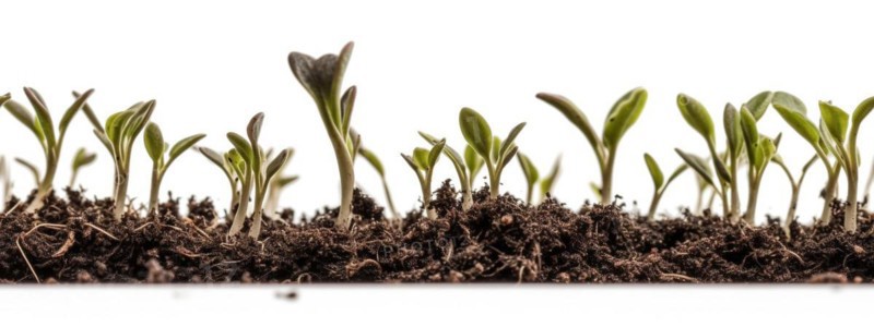Seamless tileable cross section row of budding sprouts of new growth out of soil on a white background
