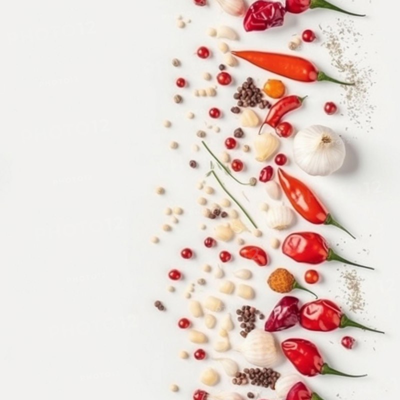 Truly seamless tile of overhead photograph of A variety of vegetables and spices