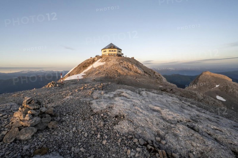 Matrashaus mountain hut at the Hochkoenig summit at sunrise
